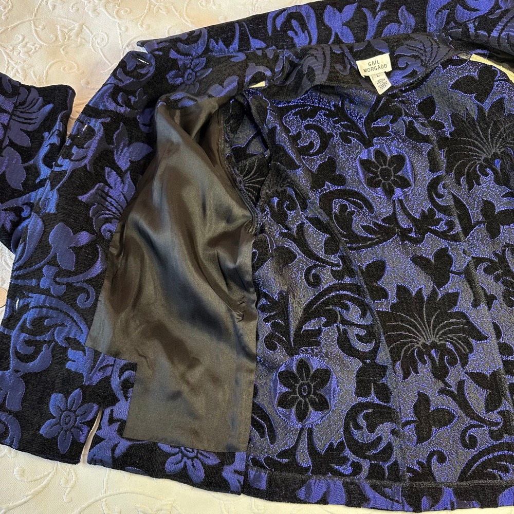 Vintage 90s Gail Morgado Womens Blue Black Floral Damask Brocade Blazer size L - Picture 7 of 9